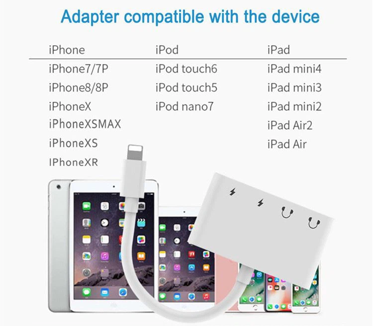 lightning to dual headphone jack and lightning, USB C charging adapter