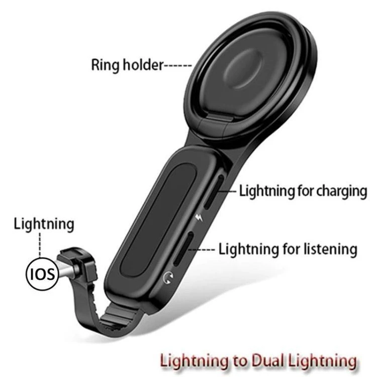 Dual Lightning adapter with attached Ring Stand Holder for iPhone